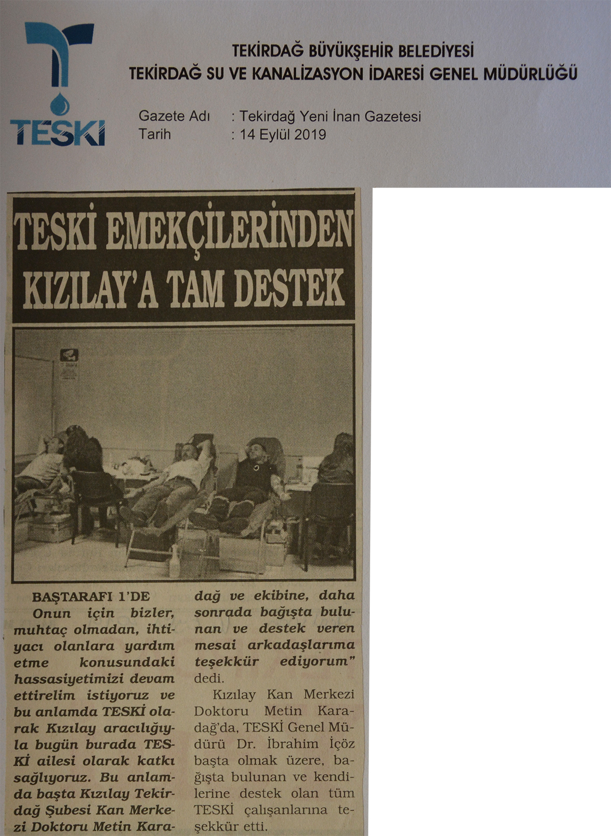 TESKİ Emekçilerinden Kızılay'a Tam Destek (Tekirdağ Yeni İnan Gazetesi)