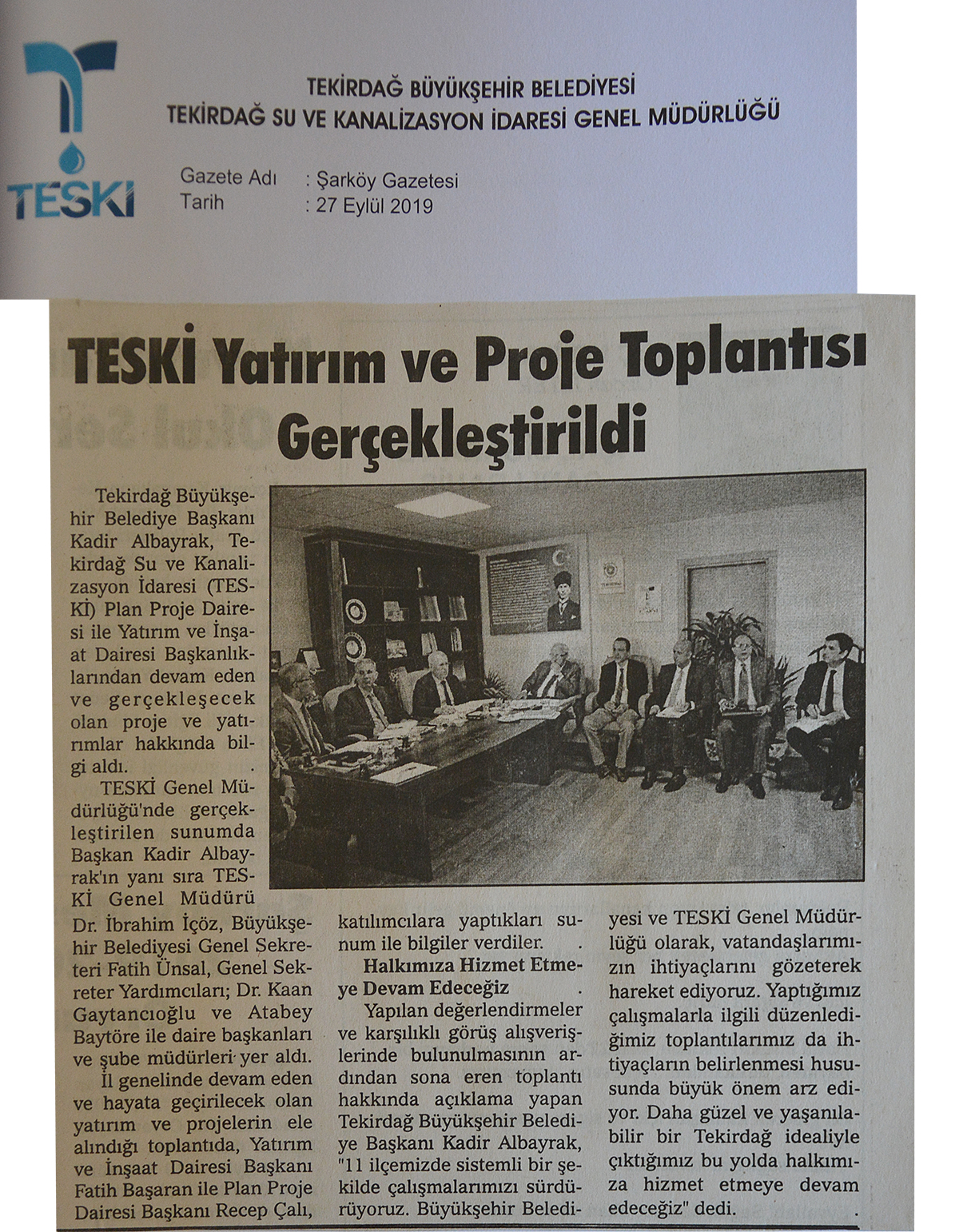 TESKİ Yatırım ve Proje Toplantısı Gerçekleştirildi (Şarköy Gazetesi)